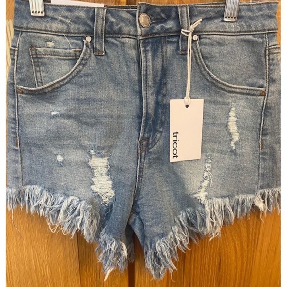 Y2K Boho Denim Shorts High Rise Distressed Frayed Hem Light Wash Size S *NWT